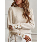 Comfortable Lace Trim Sweater for Women with High Neck Long Sleeve Button Cuff Relaxed Knit Style