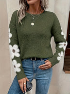 Comfortable Floral Sweater for Women with Crew Neck Long Sleeve Relaxed Oversized Knit Style