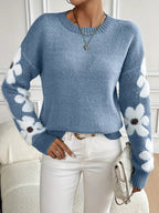 Comfortable Floral Sweater for Women with Crew Neck Long Sleeve Relaxed Oversized Knit Style