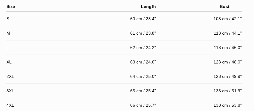 Size Chart CM